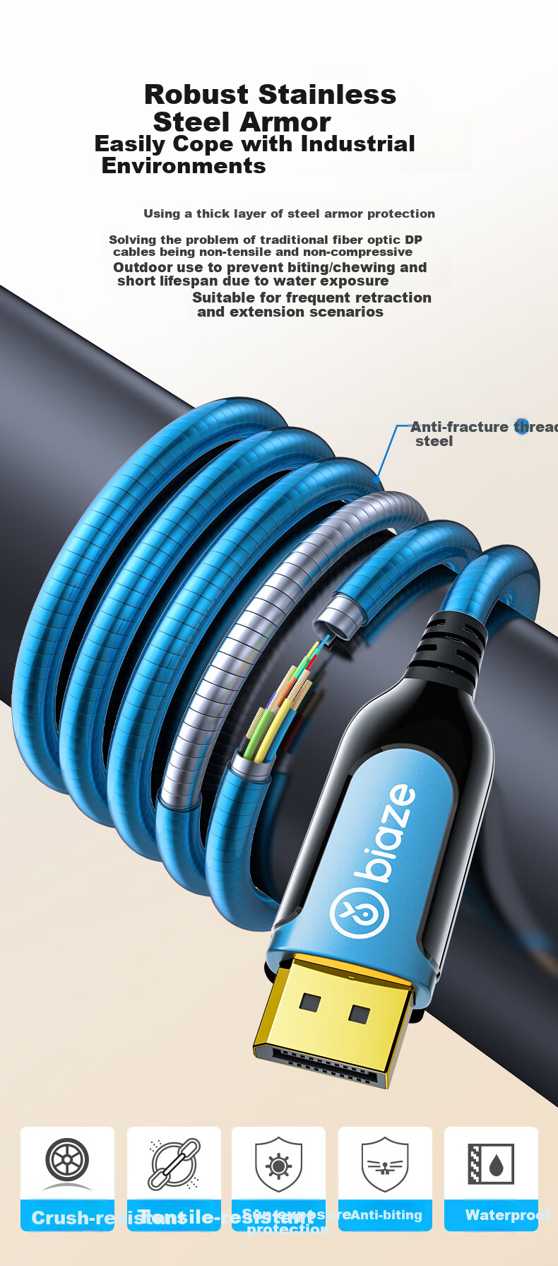 BIAZE Steel Armor Fiber Optic DP Cable Version 1.4, 15 Meters, 8K60Hz 4K144Hz HD DisplayPort Computer Connection for Monitor Projection Large Screen TV Video Cable 3