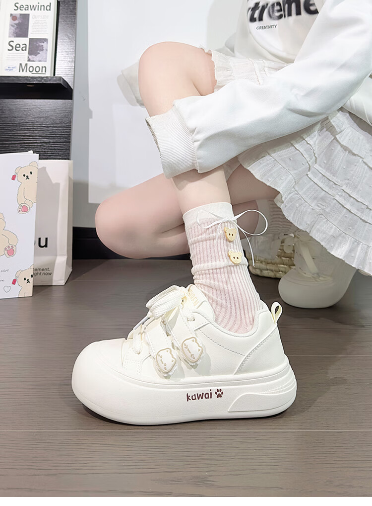 RENBEN Cute Velcro White Sneakers for Women, Popular Chunky Shoes, Versatile Canvas Shoes, White (Leather Surface), Size 40 31