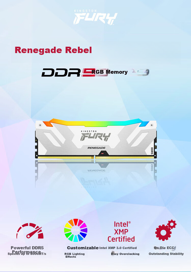 Kingston FURY 32GB (16G×2) Kit, DDR5 7600 Desktop Memory Module, Renegade RGB Light Bar, HyperX White Editio 2