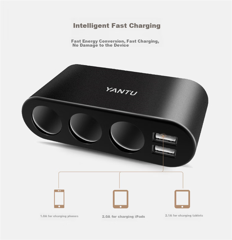 Yantu Car Charger Super Fast Charging Cigarette Lighter Adapter Three-In Dual USB Voltage Detection LED Black B08 9
