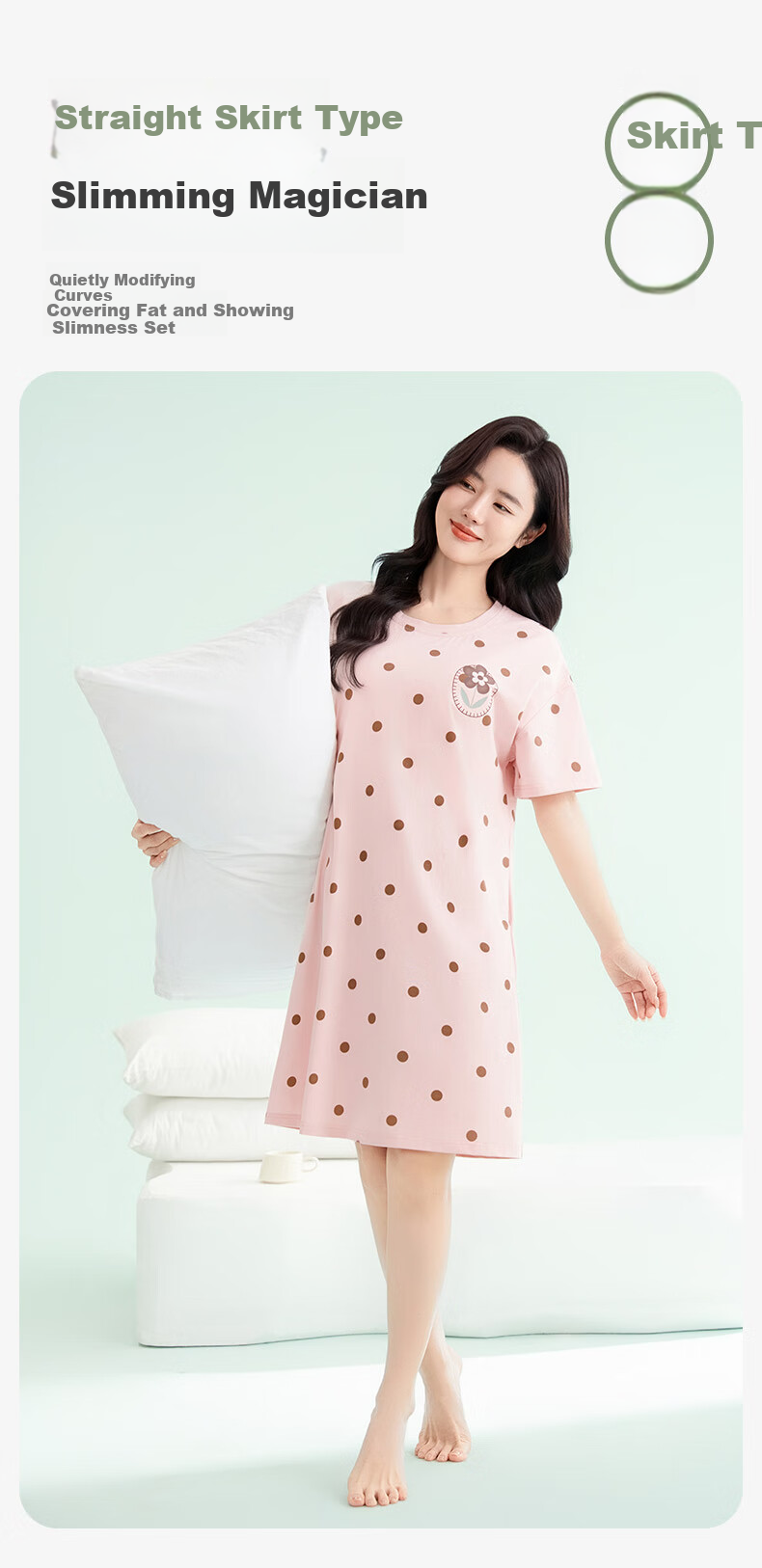FENTENGCARE Women's Nightgown with Built-In Bra Pads, Round Neck Short Sleeve Short Skirt Polka Dot Breathable Dress Loungewear Gift for Girls 10