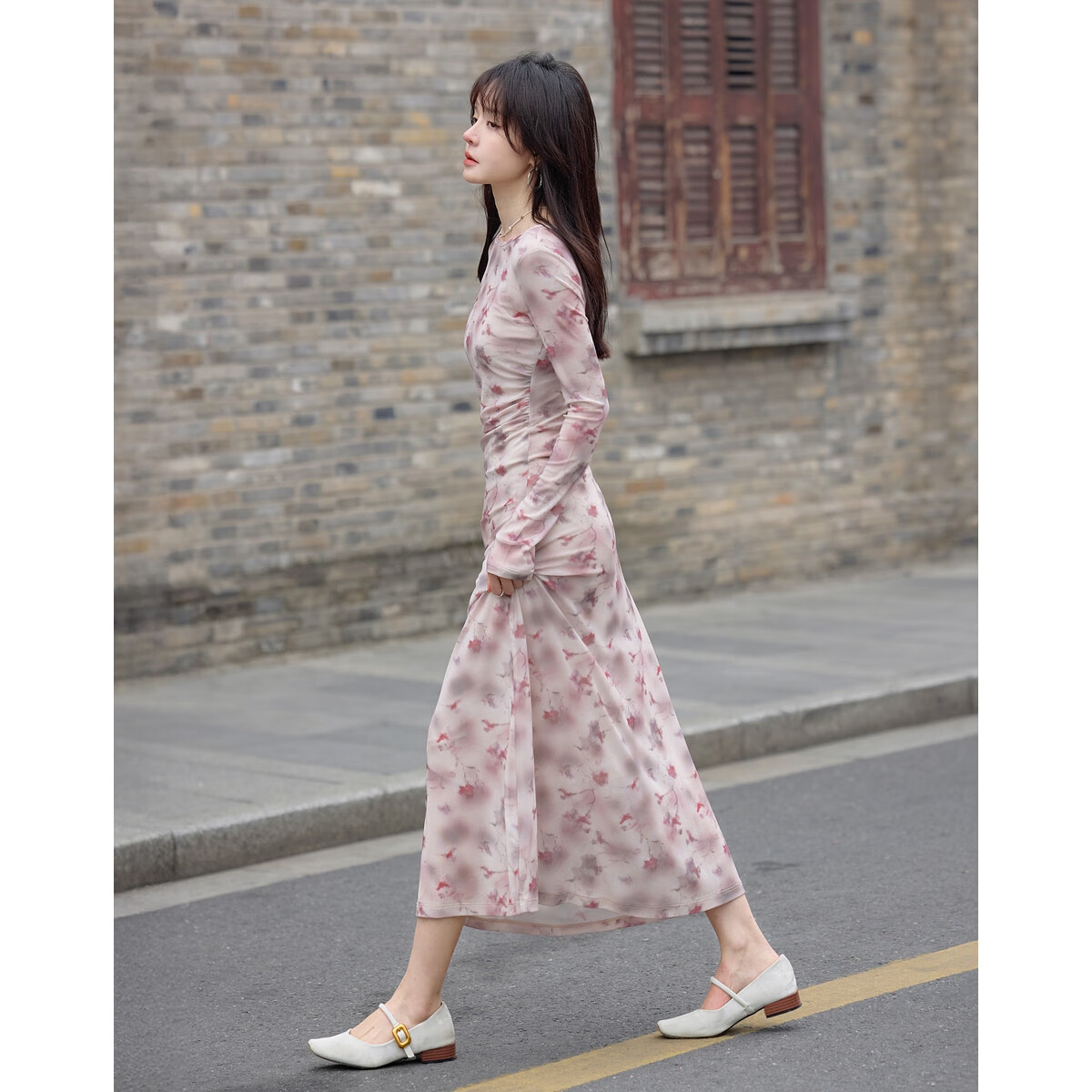 MT [Floral Concerto] Spring Gentle Style Printed Round Neck Sleeveless Waist-Drawn Stretch Long Dress for Women