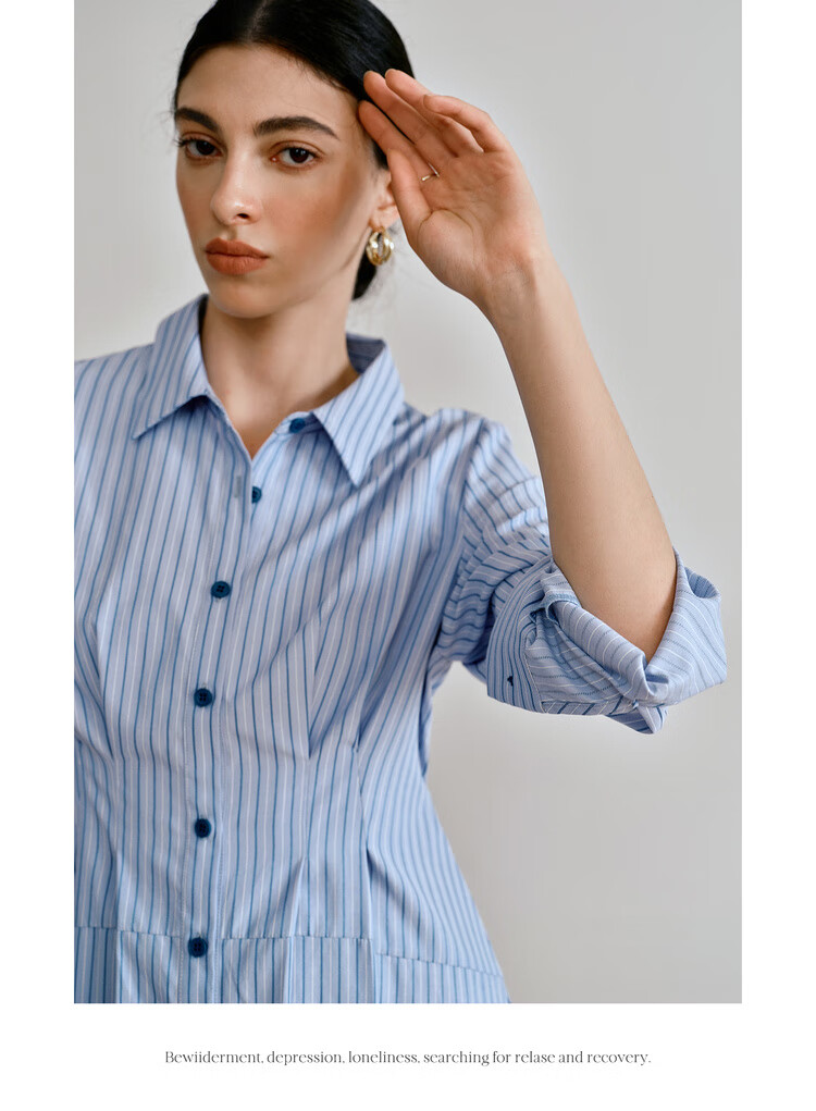 Oulain Autumn Women's Wear, Commuter Blue Striped Waist-Cinching Shirt Dress, Slimming Long Skirt, Blue Stripes, Size S 10