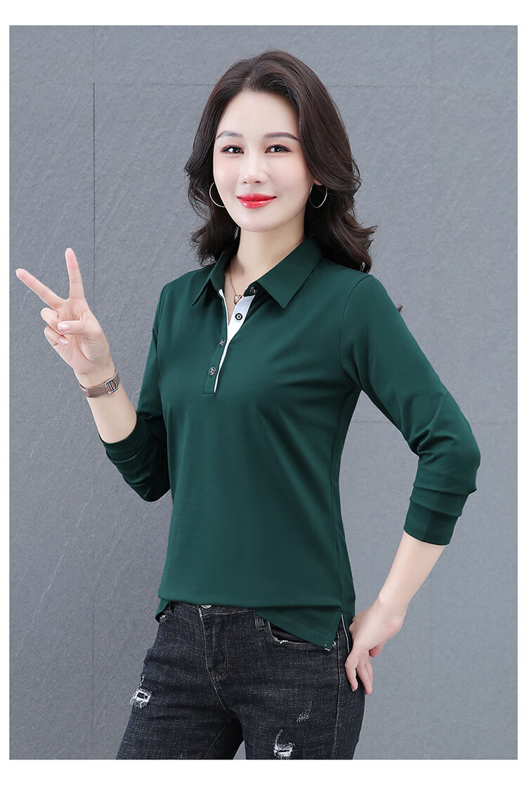 Woodpecker Women's Long Sleeve Cotton Polo Shirt, Spring Autumn New, Middle-aged Plus Size Casual Top, Gray, L 21