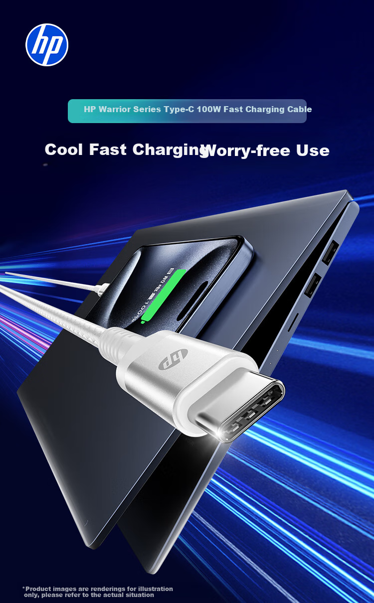 HP Dual-Head Type-C Data Cable, PD100W Fast Charging, Car CarPlay Charging Cable, E-Marker Chip Braided Wire, Suitable for Tablets And Smartphones, 2 Meters 1