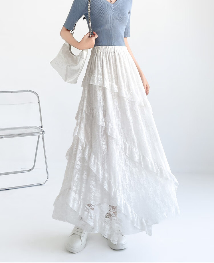 JEANSWEST Women's Autumn High-Waist A-Line Lace Splice Twill Slim Mesh Cake Skirt White M 1