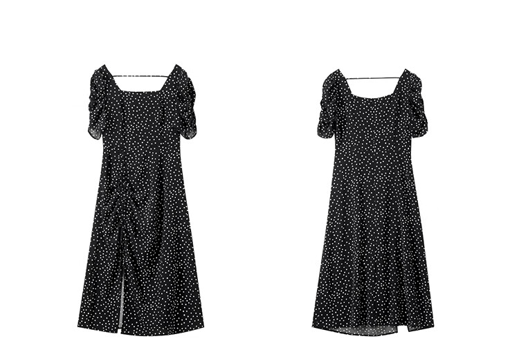 Sentubila French-Style Dress for Women, Summer Square Neckline, Ruched Sleeves, Vintage Polka Dot, Pleated Slit A-Line Skirt 18