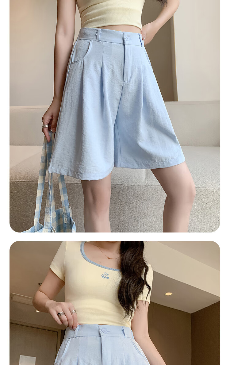 XUEXIMAN Puff Suit Shorts for Women, New Summer 2026 Style, Casual High-Waisted Draping Straight-Leg Slimming Wide-Leg Knee-Length Shorts 13