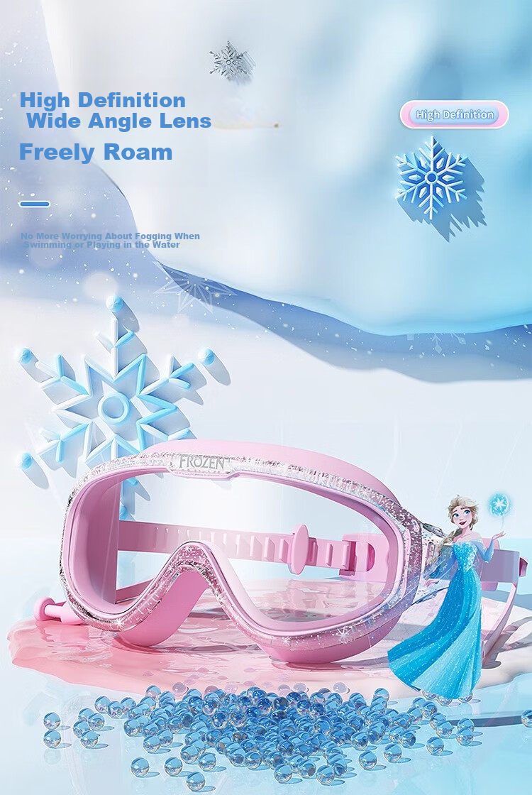 Dishini Children's Swimming Goggles And Swim Cap Set for Boys And Girls, Waterproof Anti-Fog High-Definition Swimming Glasses Three-Piece Set 6936DY Elsa Princess Pink 6