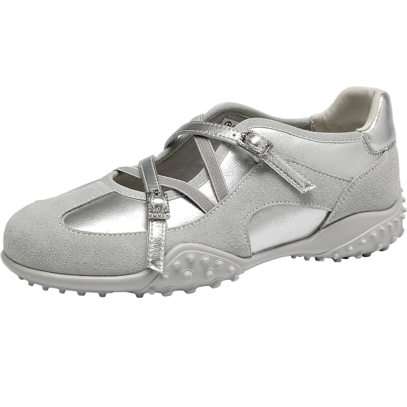 Goldlion Women's Ballet Mary Jane Shoes French Elegant Low-Cut Casual Sneakers G696530177 Silver Size 38