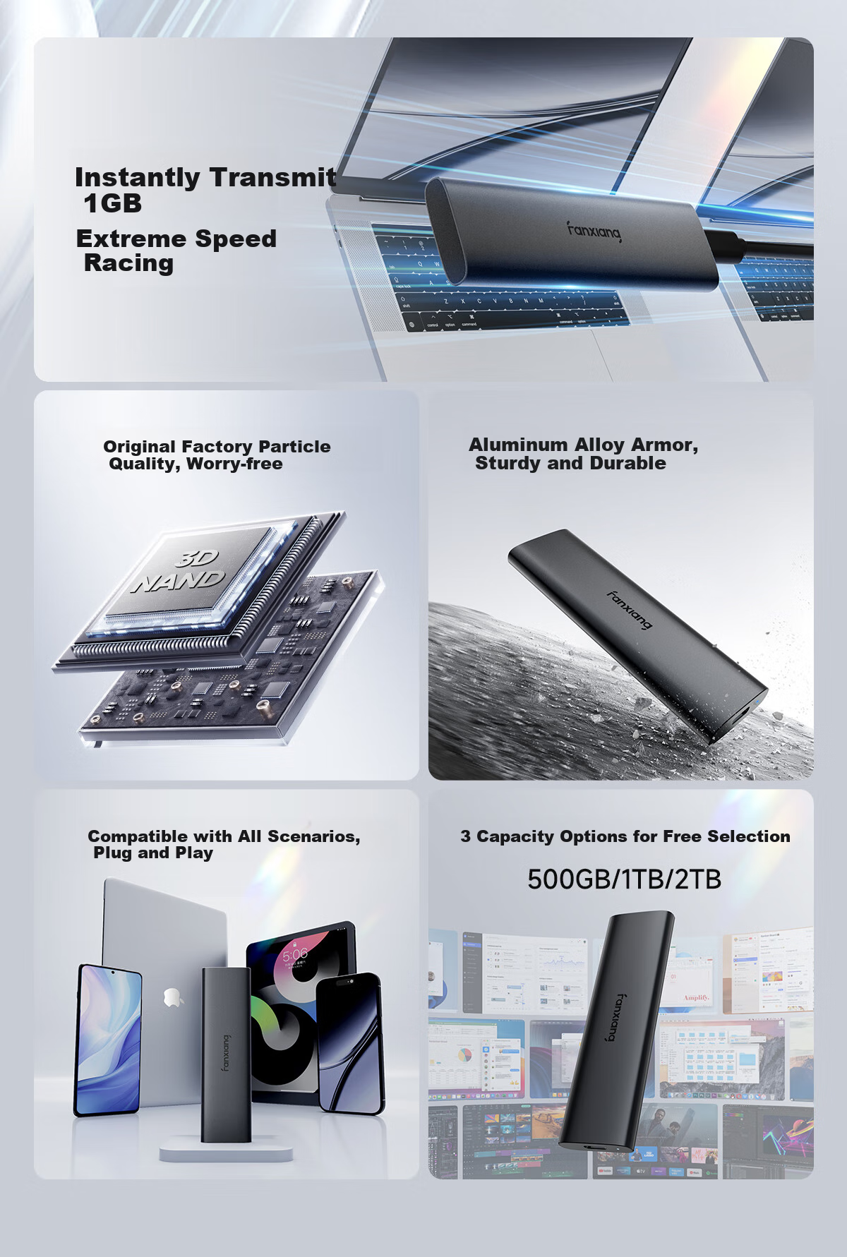 FANXIANG 2TB Portable Solid State Drive (PSSD), Type-C USB 3.2 High-Speed Reading 1000MB/s, Direct Phone Connection, Laptop External Hard Drive PS1008 2