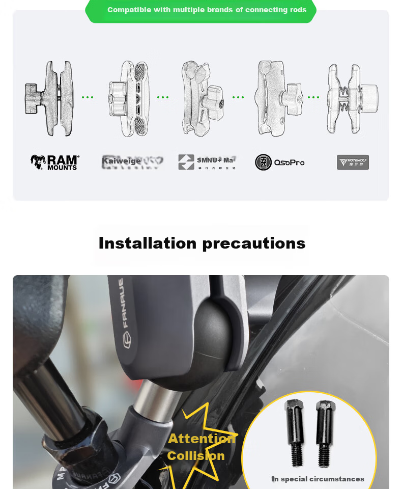 FANAUE Motorcycle Phone Holder Rearview Mirror Ball Head Base Reflective Mirror Mount 17mm Extension Bracket Angled Mouth Accessory MB-01(17) 9