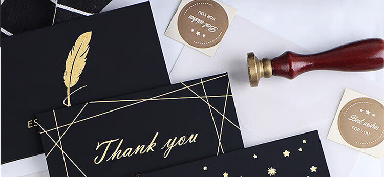 E-Muguo Greeting Cards Set of 4 with Envelopes, Letter Paper, Gift Birthday Cards, Confession Gifts, Ins Style Business Blessing Cards, Wish Cards, Thanksgiving Cards, Black with Gold Foil 16