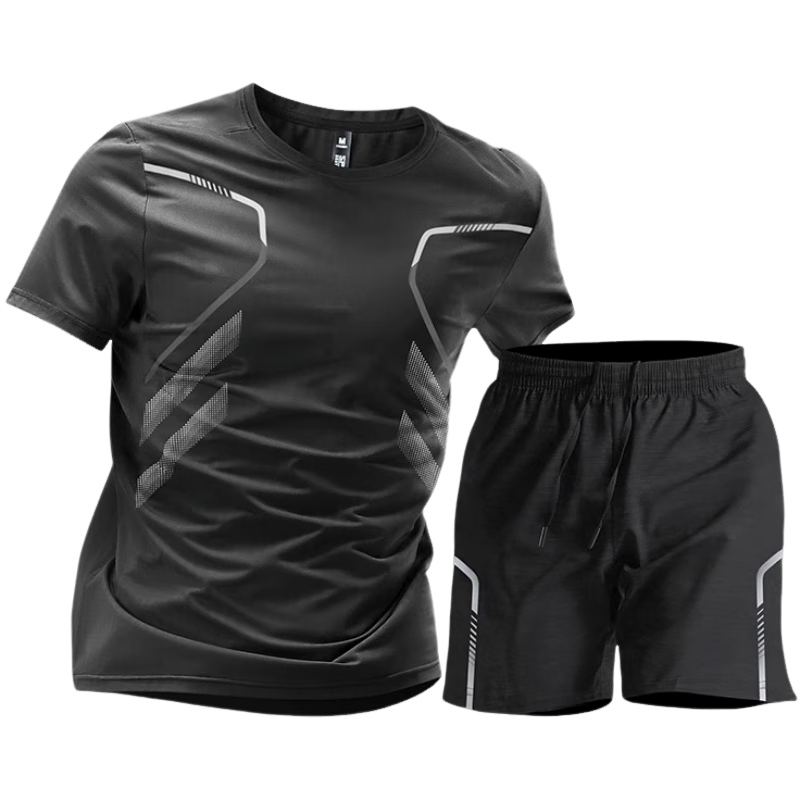 JEEP SPIRIT Men's Summer Quick-Dry Ice Silk Comfortable Two-Piece Outdoor Casual Sports Set Black L