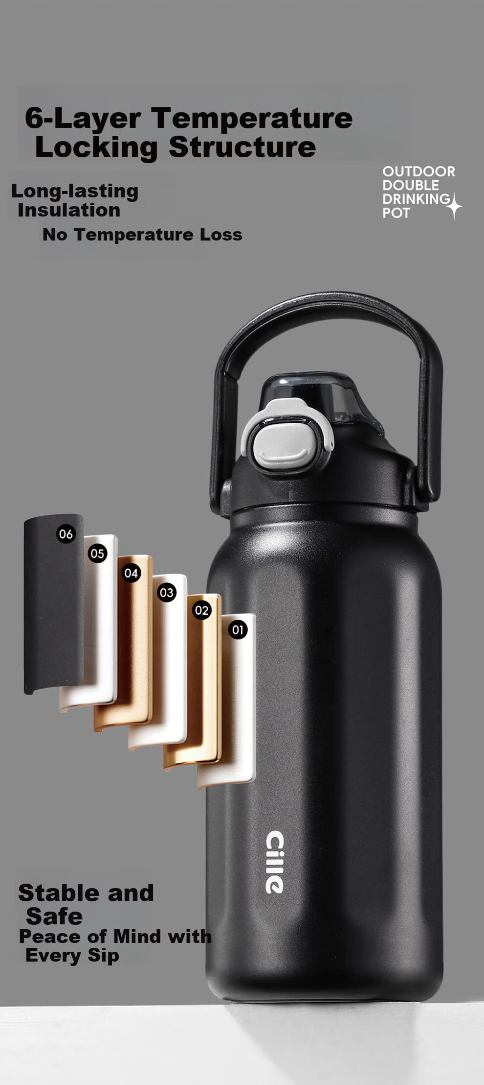Cille Insulated Mug for Men And Women, 316 Stainless Steel Sports Water Bottle, Large Capacity Water Cup for Outdoor Use, Car-Mounted Portable Straw Cup 2