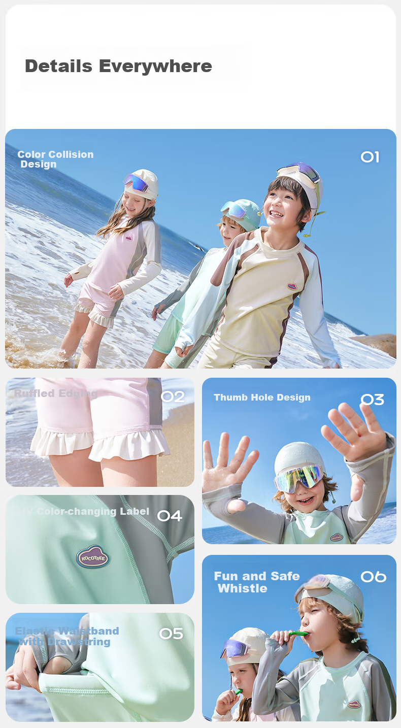 Kocotree Children's Swimwear, UV Protection, Chlorine Resistant, Long Sleeve Two-Piece Swimsuit for Boys And Girls, Contrasting Colors, Milk Apricot Coffee, Size 130 22