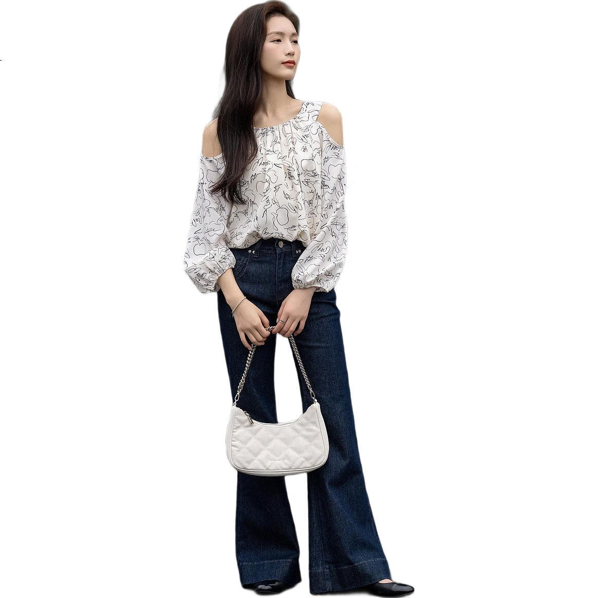 Dme [Qingyan Fanhua] Spring And Autumn Korean Style Beautiful Women Design-Inspired Off-Shoulder Shirt, Delicate And Comfortable, Slimming Blouse