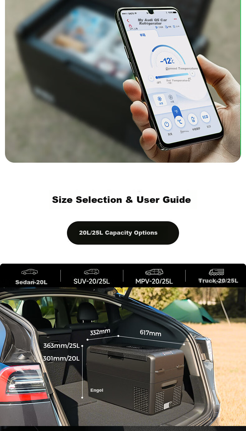 Yingdeer Car Refrigerator FC20L, Dual-Compartment Compressor, Pure Vehicle Refrigeration And Freezing Mini Fridge, 12V/24V/220V 6