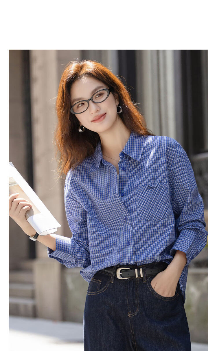 Demana Natural Cotton Autumn Smart Retro Plaid Shirt Loose Fit Petite Elegant Women's Blouse 1