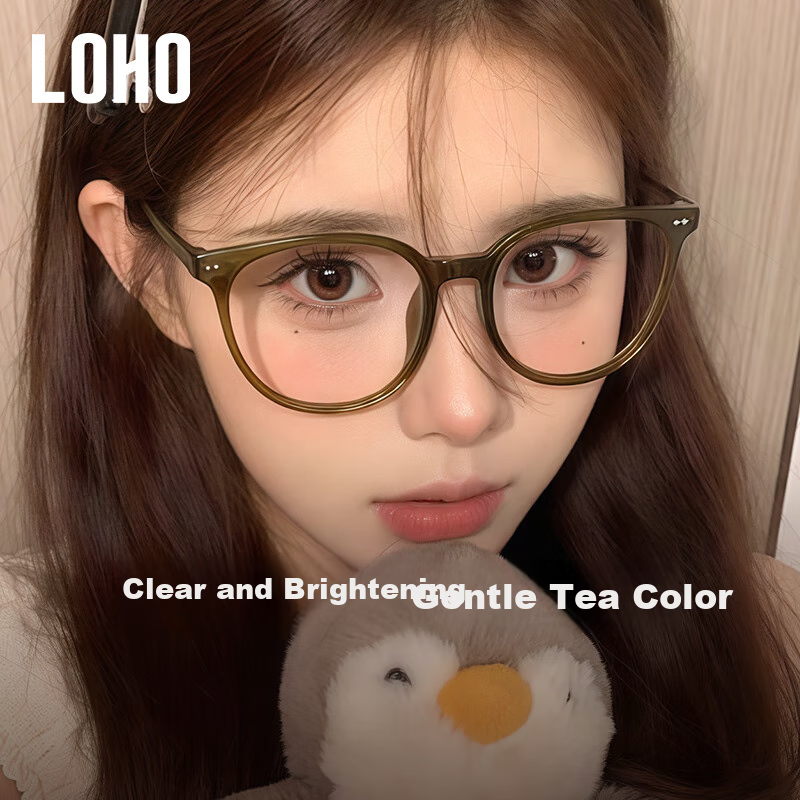 LOHO Ultra-Light Round Frame Glasses for Women, Can Be Fitted with Myopia Lenses, Cold Tea Color, Face-Slimming Effect, Bare-Faced Look, Anti-Blue Light Frame, Compatible with Zeiss Lenses