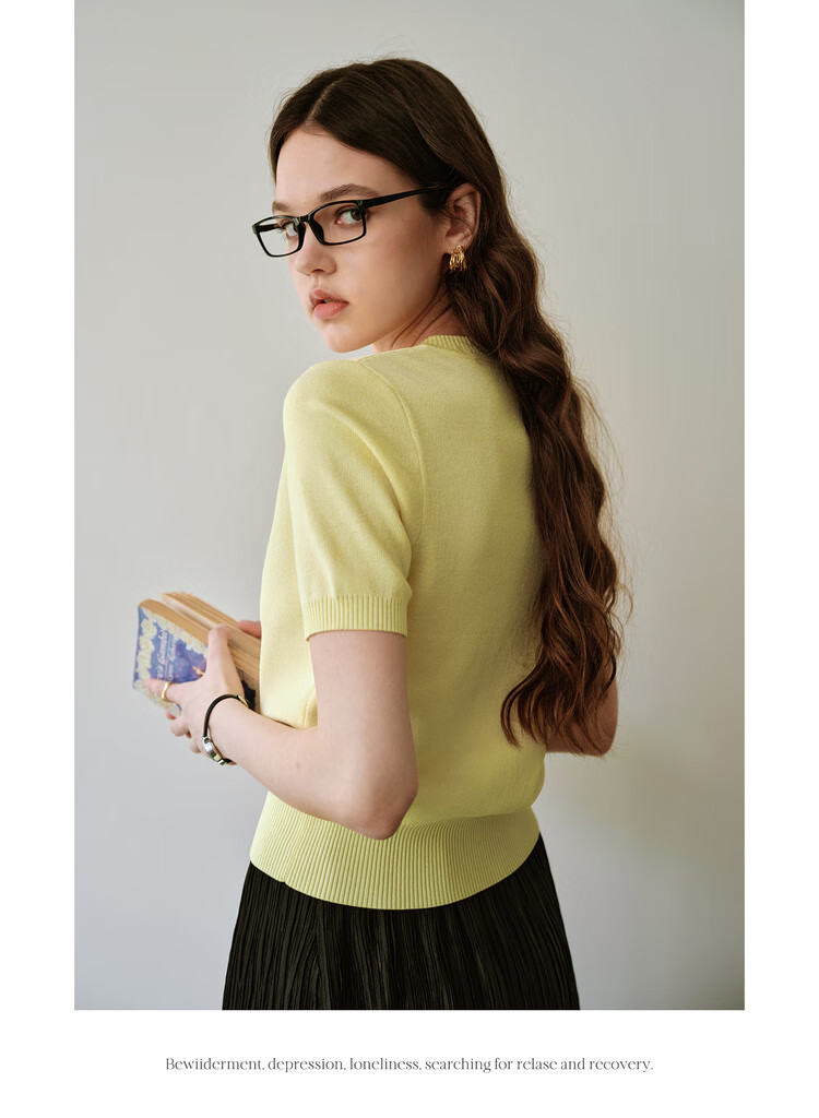 Olrain Heart Embroidered Knit Cardigan Women's Summer V-Neck Short Sleeve Top Yellow XL 17