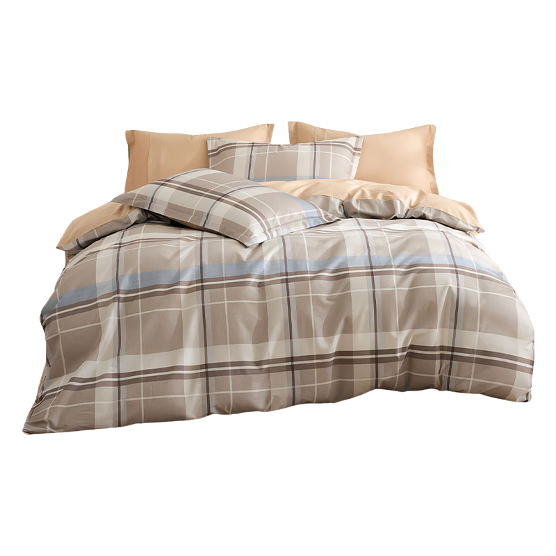 HLA 100% Cotton Plaid 4-Piece Bedding Set with Fitted Sheet, Pillowcases, and Duvet Cover 200x230cm for 1.8m Bed, Yiluo
