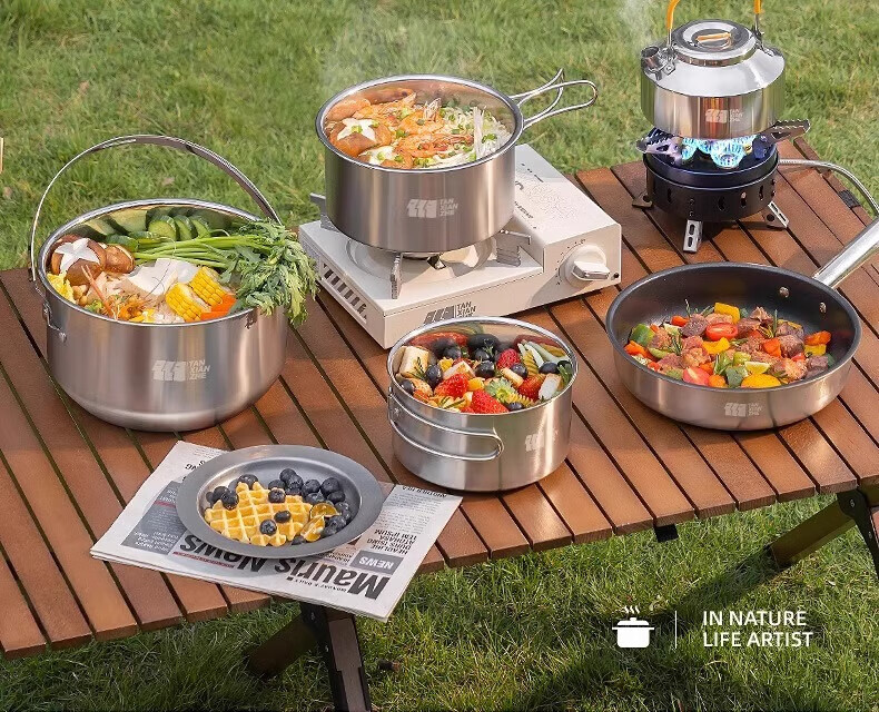 TAN XIAN ZHE 304 Stainless Steel Outdoor Cookware Set with Cassette Stove Camping Full Set Cooking Pot Kettle 3