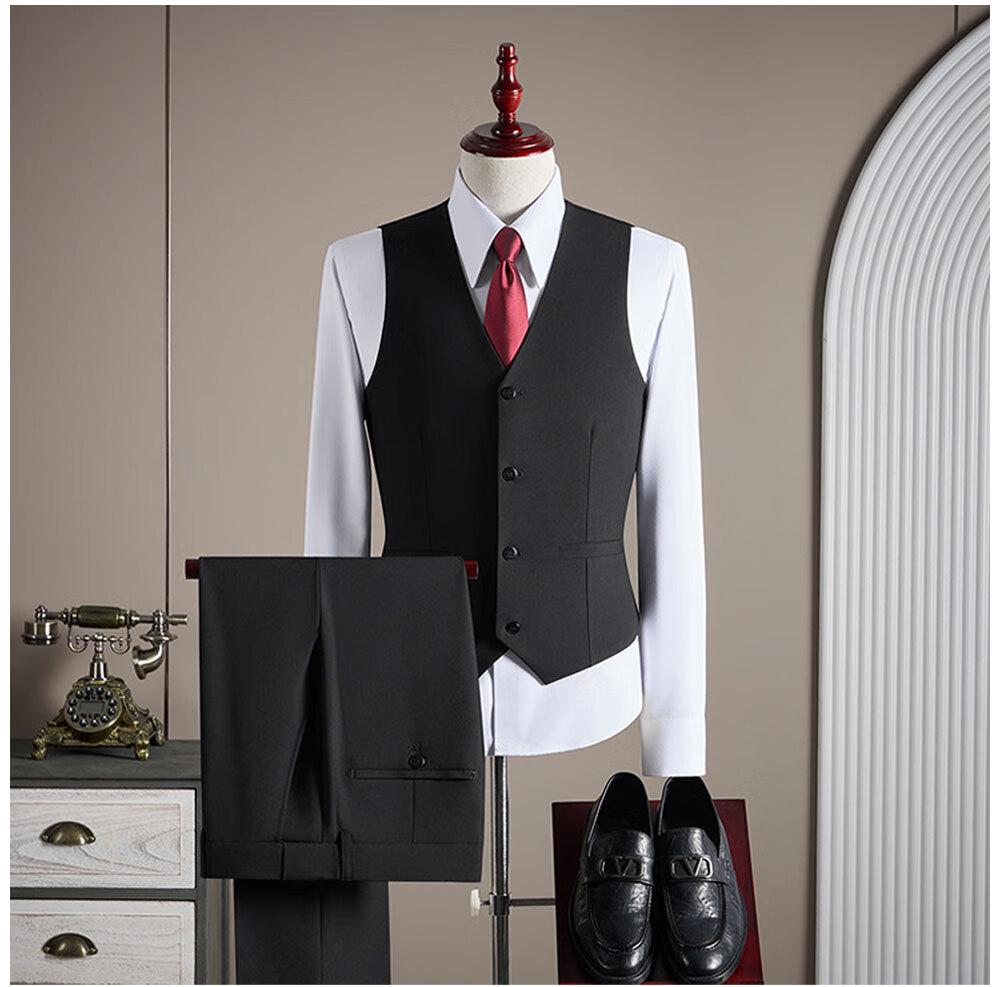 ROMON Men's Business Suit Set Blazer + Vest + Trousers Double-Breasted Casual Navy Blue 3XL 7