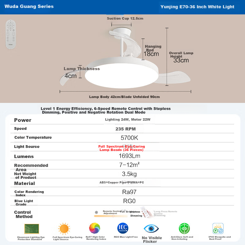 Haier Ceiling Fan Light, Invisible Simple Nordic Style, for Dining Room And Bedroom, Full Spectrum Ra97, 36-Inch Fan Light [Installation Included]