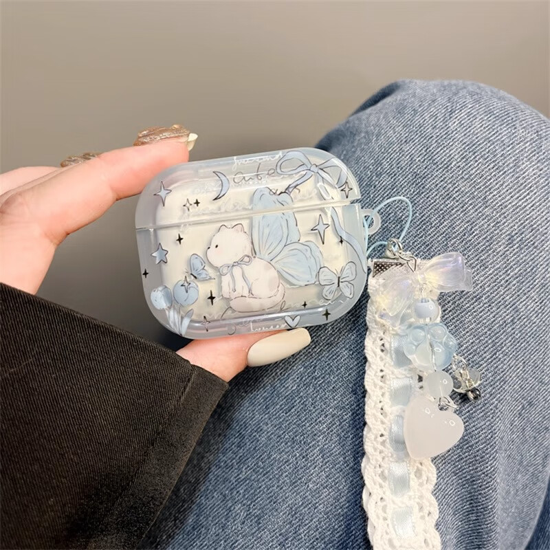 Beiyipin Case for Airpods 4, Blue Butterfly Cat Design, Compatible with Apple Bluetooth Wireless AirPods Pro 2nd Generation And AirPods Pro 3rd Generation Earphones