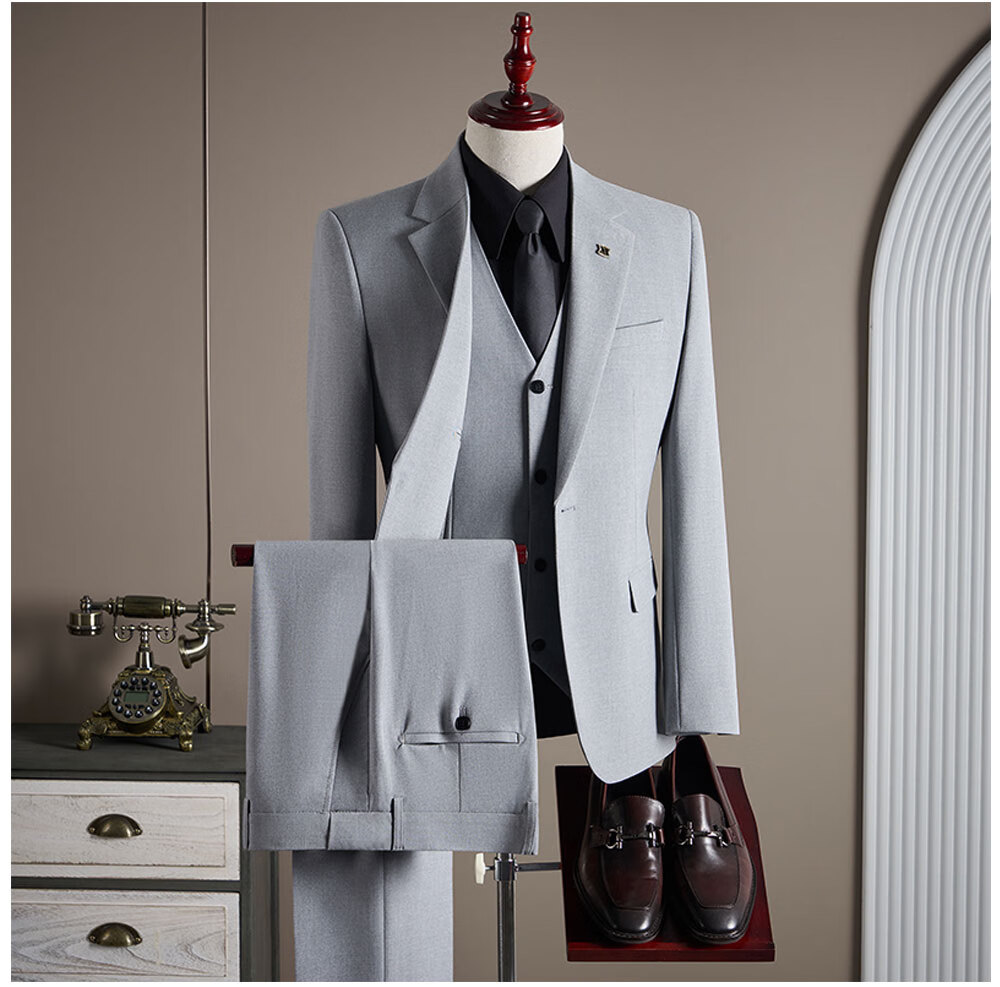 ROMON Men's Business Suit Set Blazer + Vest + Trousers Light Gray XL 36