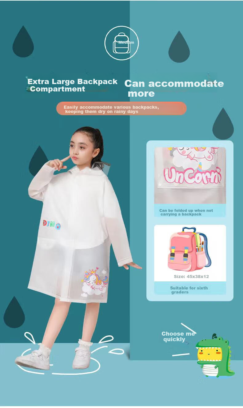 Shanshan Children's Raincoat, Kindergarten And Elementary School Boys And Girls, Large Brim Portable Cape, Enlarged Backpack Rain Poncho, Blue, Size L 3