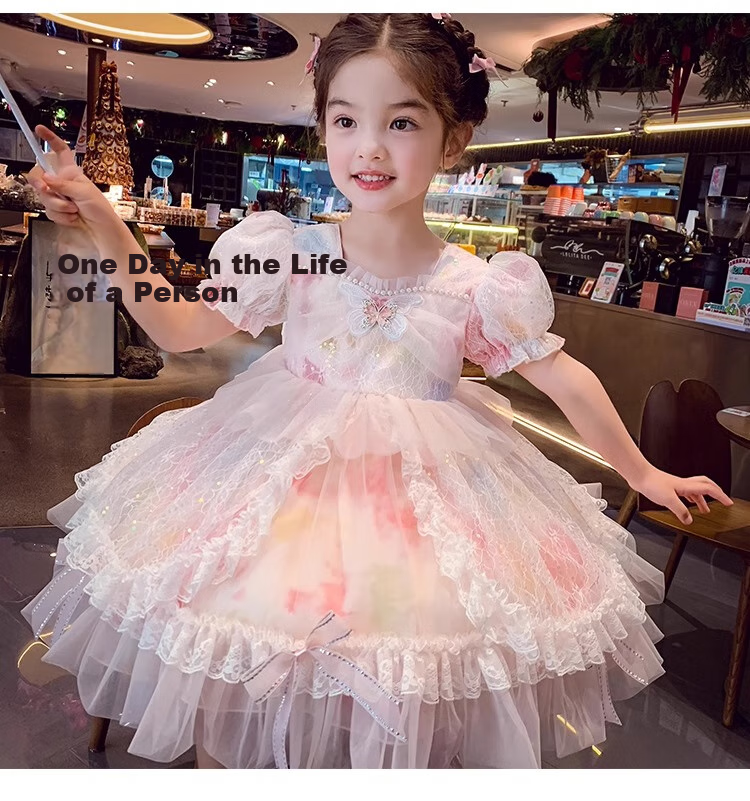 Anneyol Girls' Princess Dress Summer Outfit Stylish Children's Lolita Tulle Dress with Puff Sleeves, Pink, Size 160 25