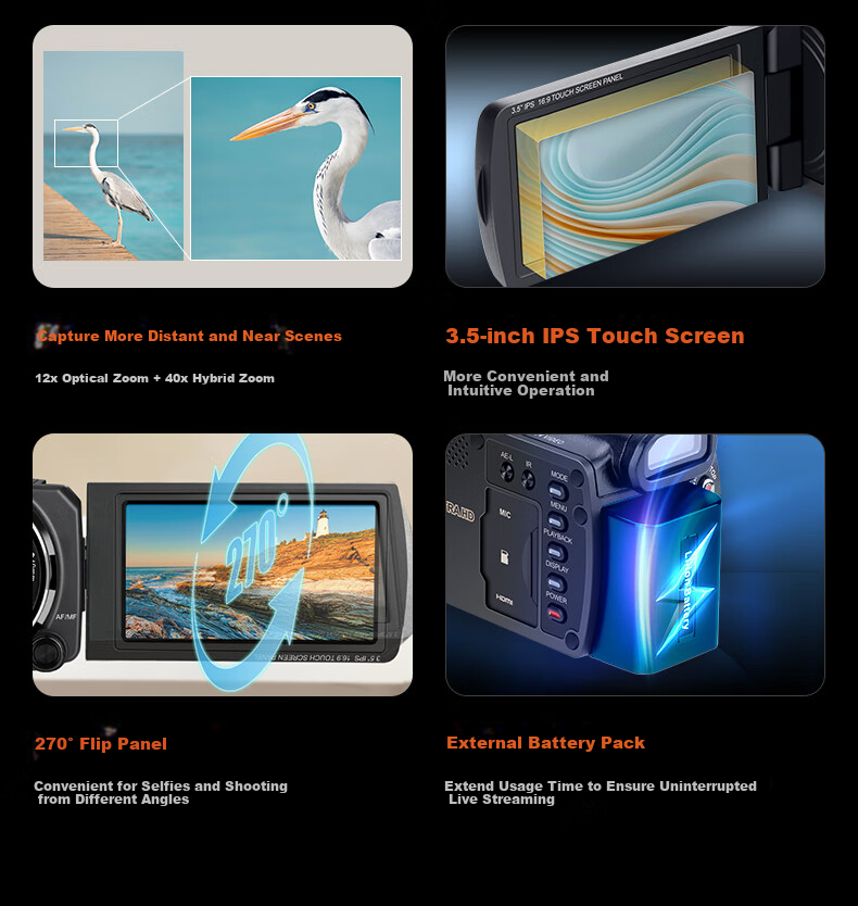 ORDRO XV80 Camera, 5K Ultra-High Professional Live Streaming And Recording Device, 12x Optical Zoom, Conference Vlog Short Video Home DV All-In Camera 3