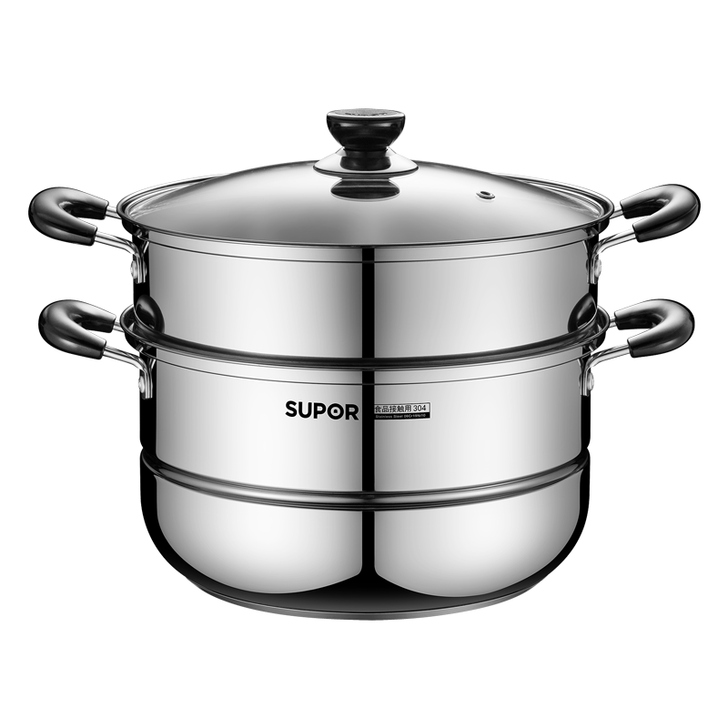 SUPOR Steamer Pot, Authentic Flavor Stainless Steel Double-Layer Base 26cm Fish Steaming Pot, Soup Pot, Steamer Basket EZ26BS05