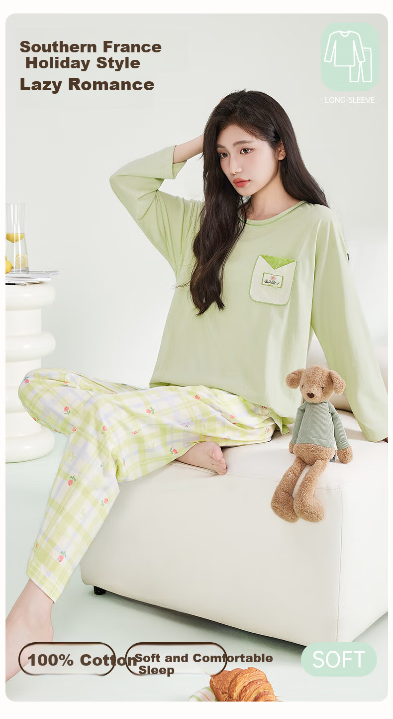 Manza Women's Pure Cotton Pajamas, Spring And Autumn 2025 New Style, Wearable Outside, Long Sleeves, Long Pants, Round Neck Pullover, Plus Size Loungewear Set 1