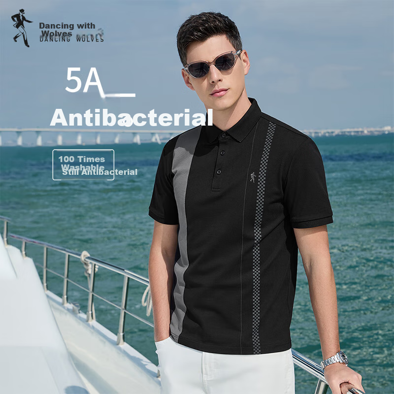 DANCING WOLVES [5A Antibacterial] Long-Lasting Shape-Retaining Suoluna Spliced Short-Sleeve POLO Shirt for Men, 001 Black, M(170)