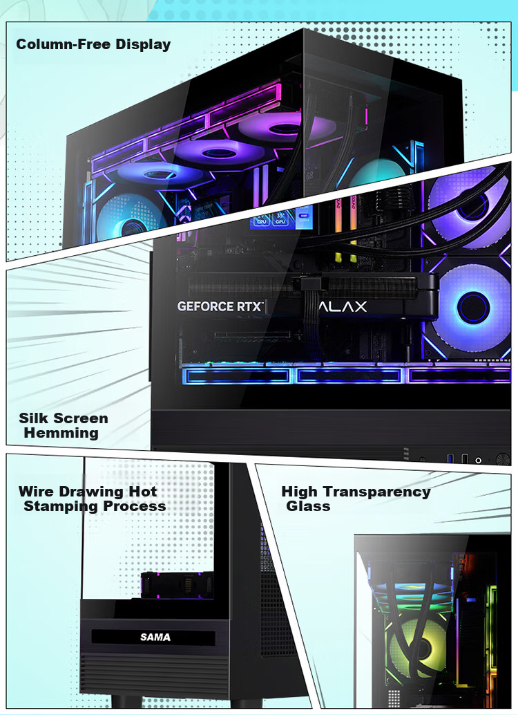 SAMA Jinghong Black ATX Panoramic Gaming Computer Case, 270° View/Double-Sided Glass/Supports 360 Water Cooling/9 Fan Positions/427mm Long Graphics Card Slot/U2+U3 5