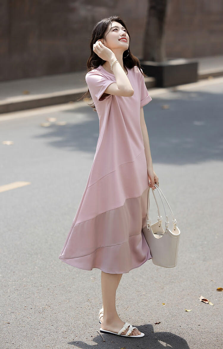 Demana Romantic Summer French Style Round Neck Smooth Satin Spliced Short Sleeve Loose Waist Long Women's Dress 14