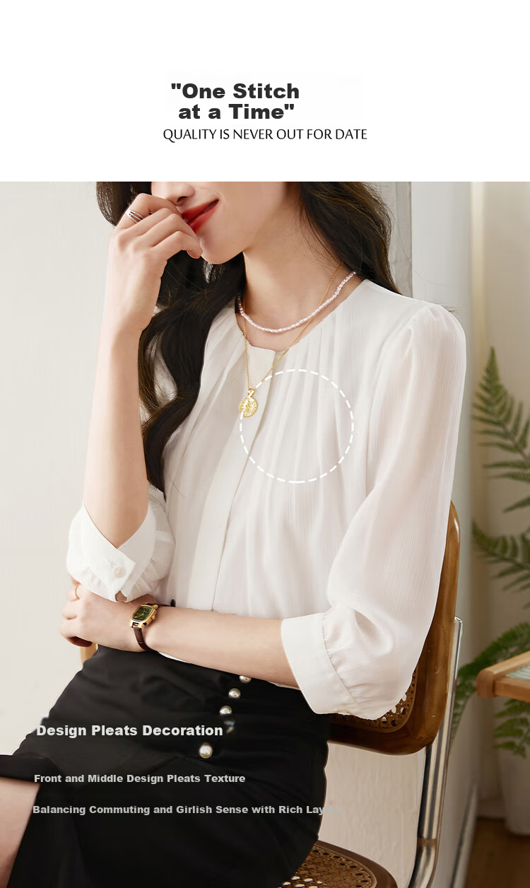 Sentubila Fashionable Round Neck Three-Quarter Sleeve Chiffon Blouse for Women, Autumn Elegant Youthful Style Office Wear Top, White, Size S 2