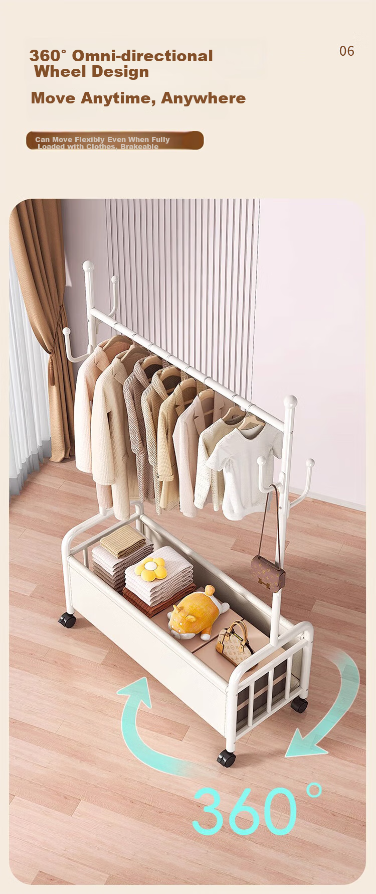 Jingcai Coat Rack, Floor-Standing Clothes Hanger, Movable Bedroom Clothes Stand, Drying And Storage Rack, J01 Beige, 60cm 7