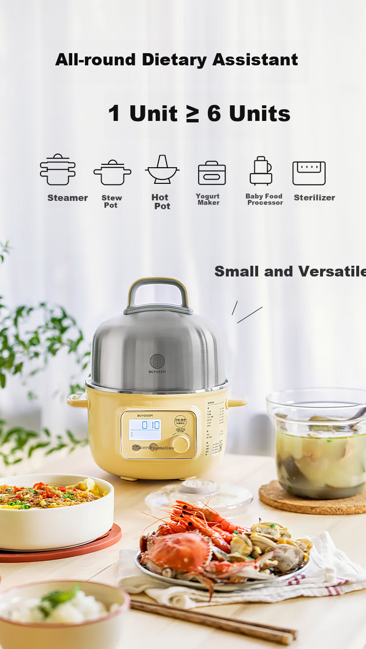 Buydeem Electric Cooking Pot, Electric Steamer Pot, Mini Steamer for Home Use, Electric Hot Pot, Fully Automatic Reservation, Heat Preservation Steamer Pot, Multi-Purpose Cooker for Home Use, Steaming, Cooking And Stewing Pot [G37 Small Yellow] 3