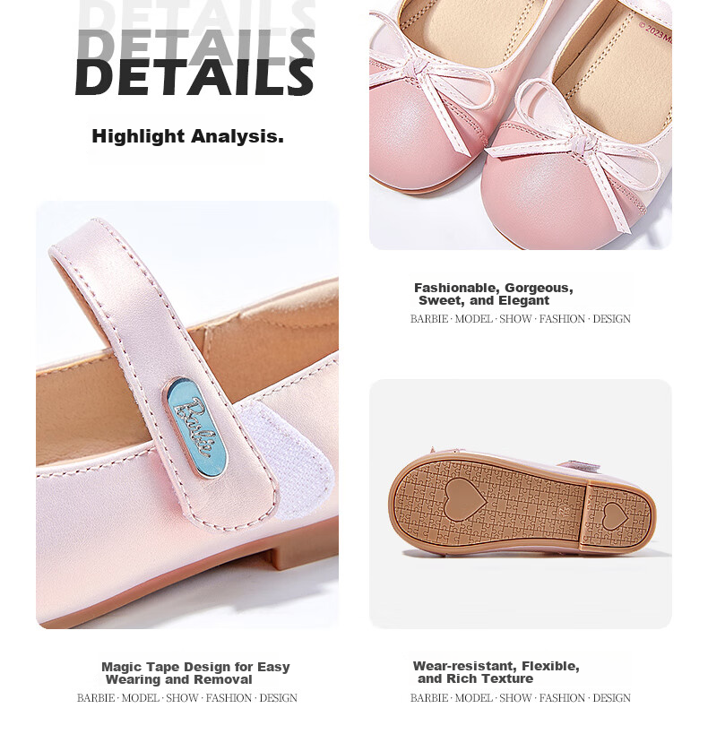 Barbie Children's Shoes, Spring And Autumn Kids Leather Shoes, Cute Color-Block Princess Style Girls' Small Leather Shoes, Fashion Shoes DA6039 Pink Size 27 5
