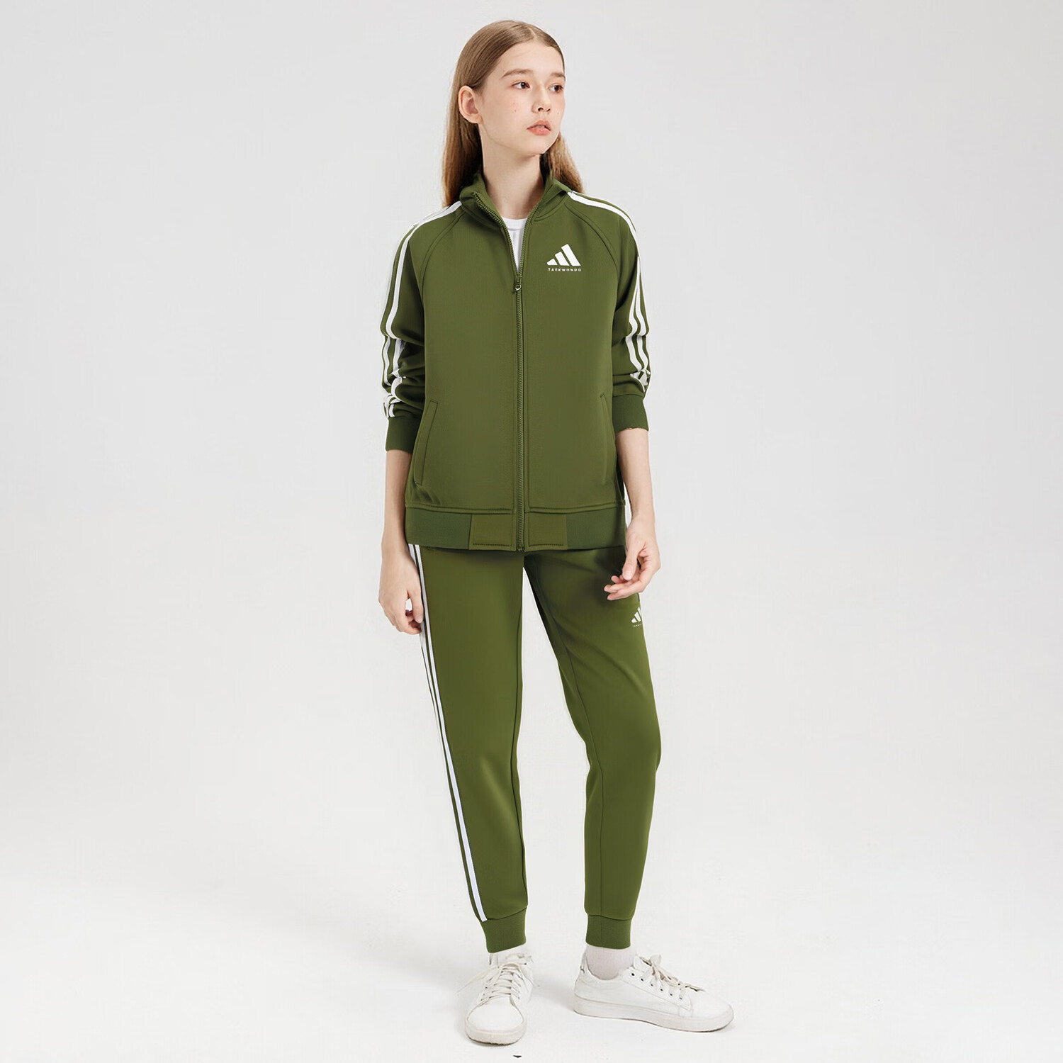 Adidas Children's Lightweight Sportswear Set, Classic Three-Striped Casual Jacket And Pants, Bamboo Green/white (New Style), Size 128