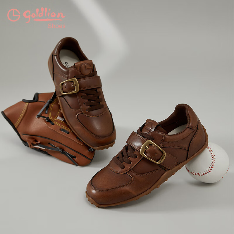 Goldlion Women's Shoes 2025 Autumn Round Toe Lace-up Belt Buckle Flat Derby Casual Sneakers G696530298 Brown Size 37