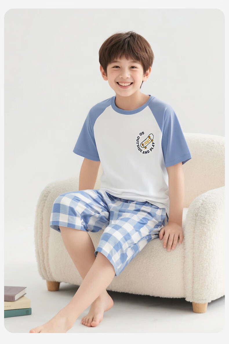 Dingguagua Boys' Cotton Pajama Set Long Sleeve Autumn Spring Air Conditioning Homewear Gray 140 5
