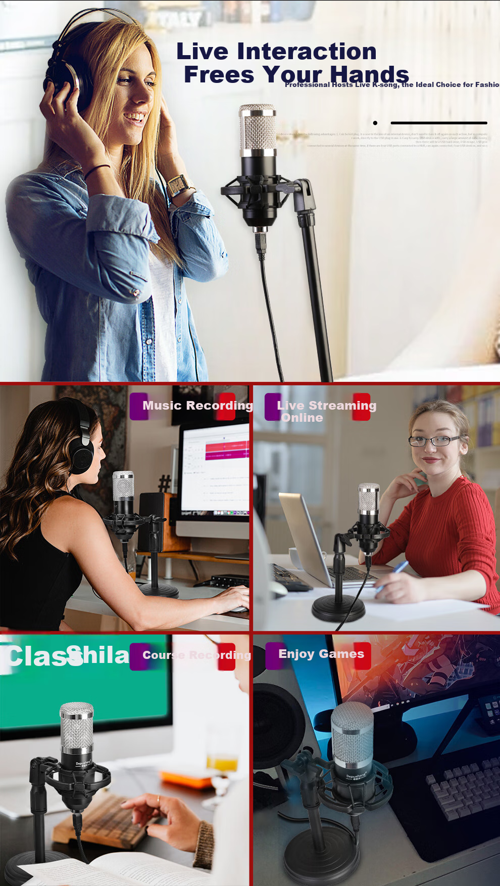 Depusheng A8 Sound Card Microphone USB Wired Computer Online Class Recording Voice-Over Karaoke Gaming Streamer Singing Douyin Audio Book Recording Teaching Microphone Laptop Condenser Metal 4
