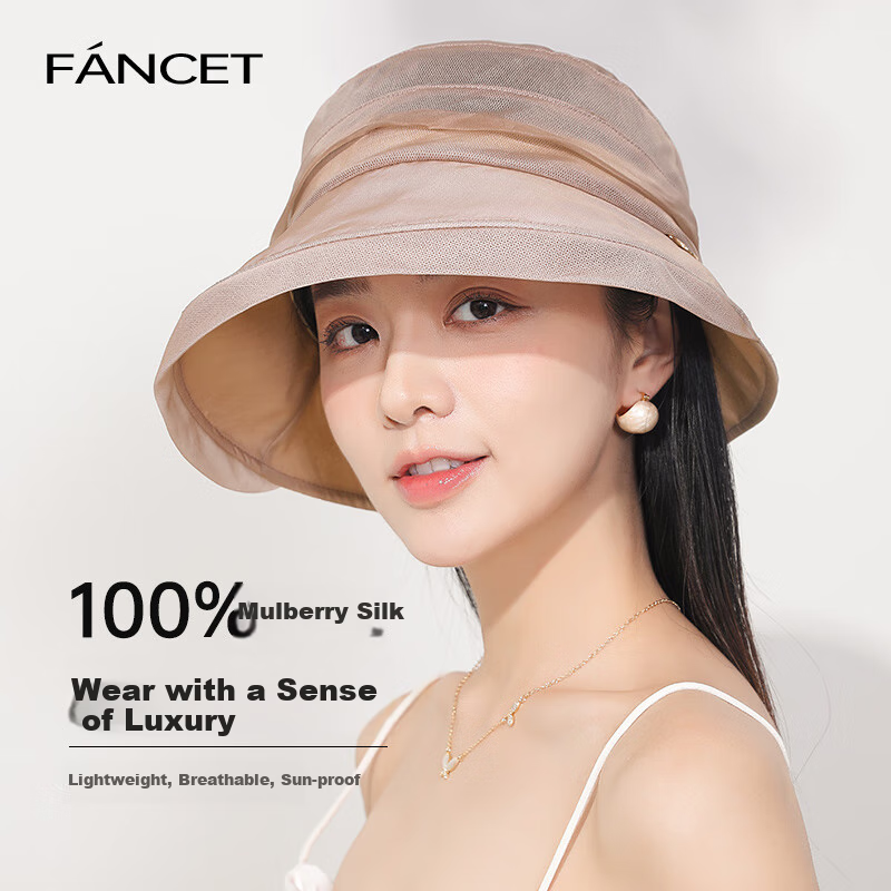 FANCET Mulberry Silk Sun Hat for Women, Summer Elegant Roll-Brim Hat, Lightweight Pure Silk Sun Protection Fisherman Hat, Birthday Gift for Elders