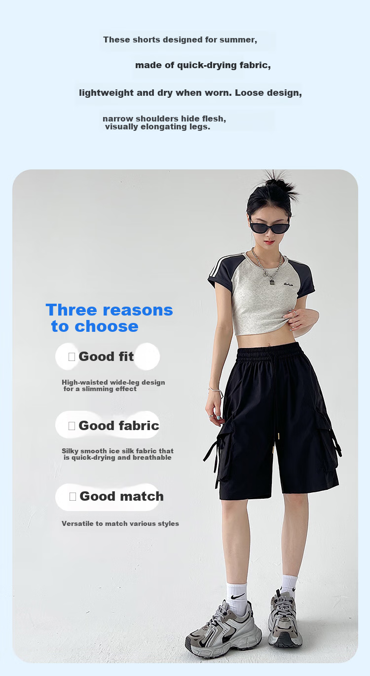 Ziyouxi Wide-Leg Cargo Shorts for Women, Summer 2026 New Style, High-Waist Quick-Dry, Petite Wide-Leg, Outdoor Sports Knee-Length Shorts 2