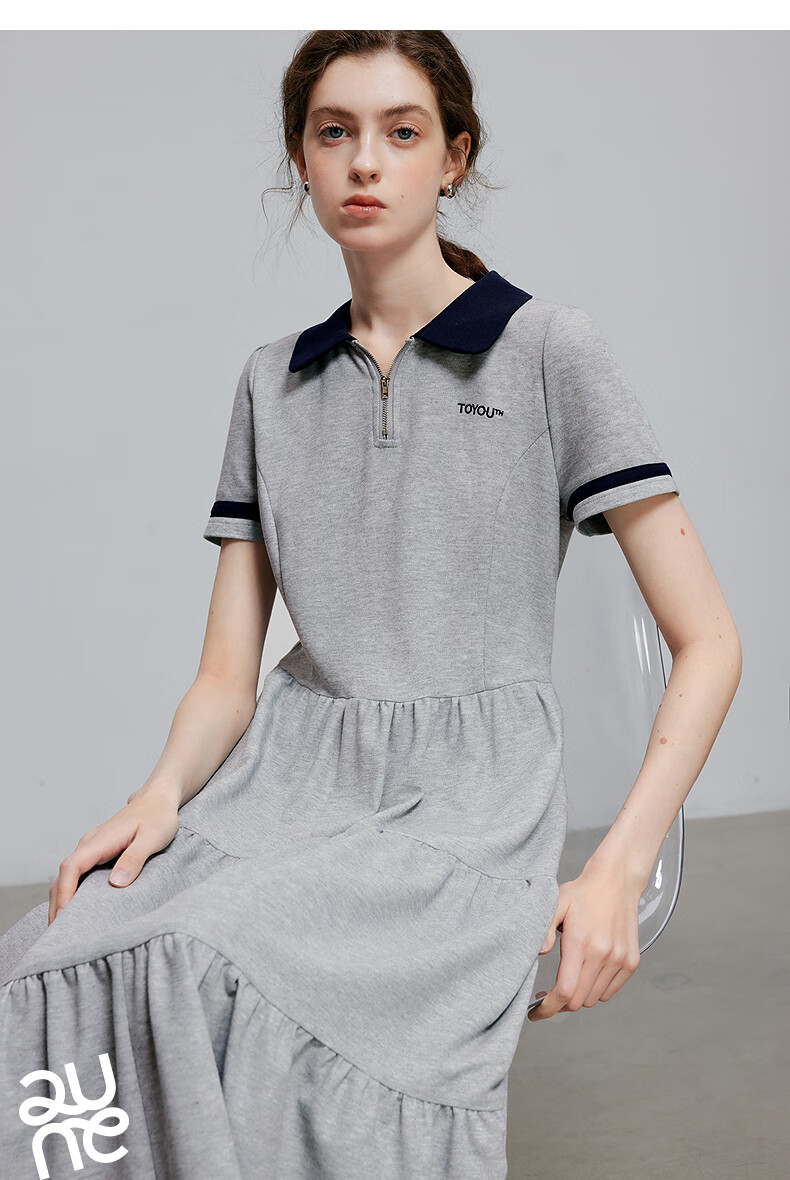 Chuyu Age-Reducing Retro 2025 Summer New Color-Block Polo Collar Dress for Women with Spliced T-Shirt Skirt, Floral Gray, S 15